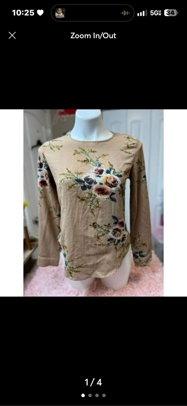 Tan Floral Crepe Long Sleeve Blouse Keyhole Back Curved Hem Womens XS Boho